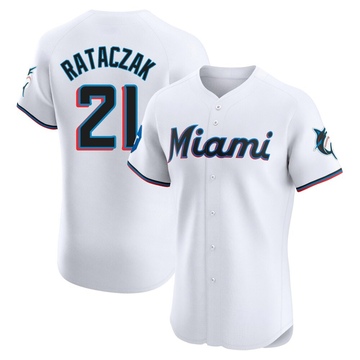 Men's Miami Marlins Eric Rataczak White Home Patch Jersey - Elite