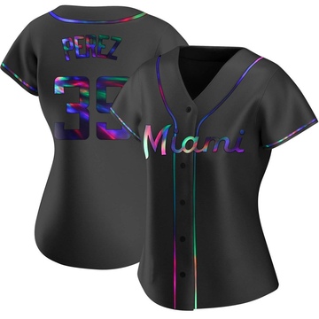 Women's Miami Marlins Eury Perez Black Holographic Alternate Jersey - Replica